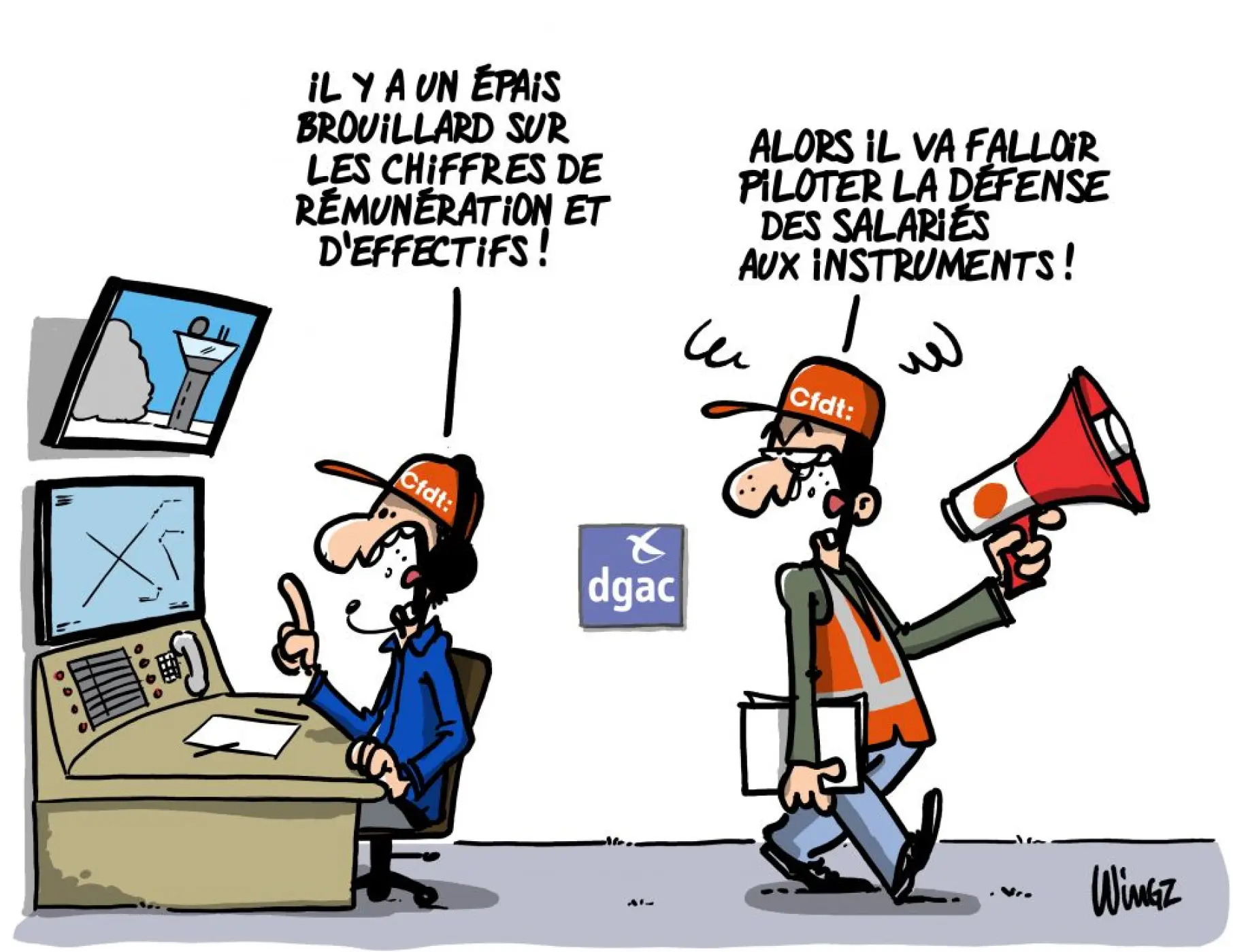 Illustration de deux personnes de CFDT parlant rémunération, effectifs et grève