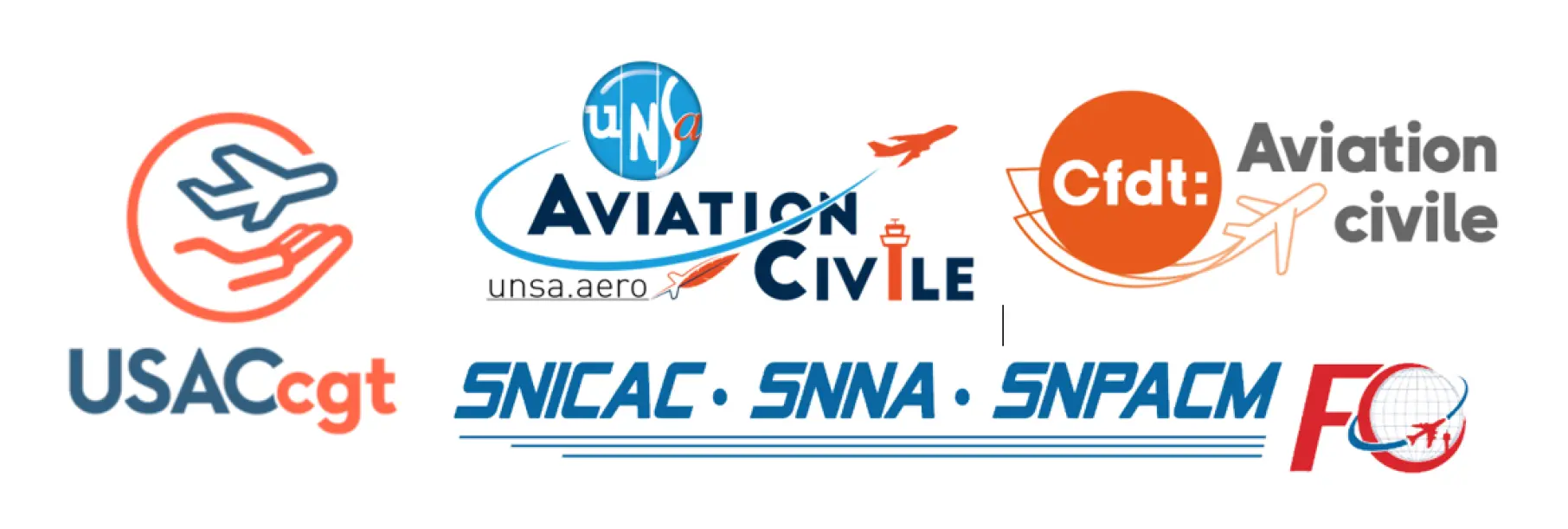 logos des syndicats CFDT CGT UNA et FO de l'Aviation Civile